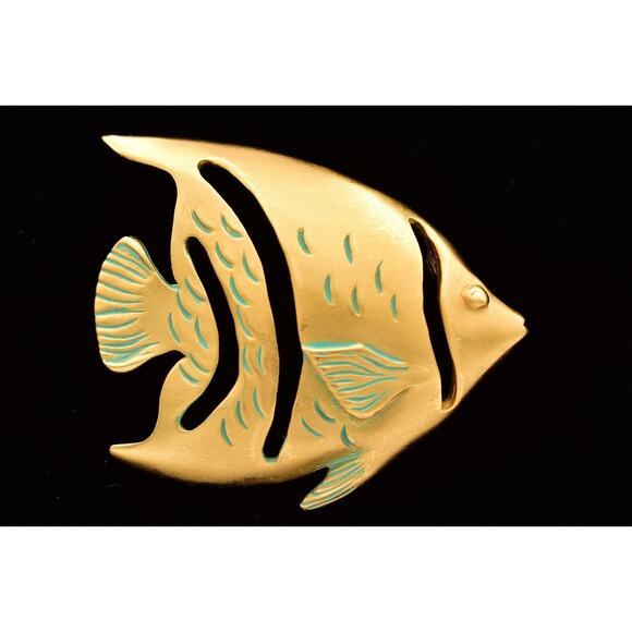 Givenchy Vintage Angel Fish Pin Brooch Brushed Gold Teal Big Chunky 1980s BinBP